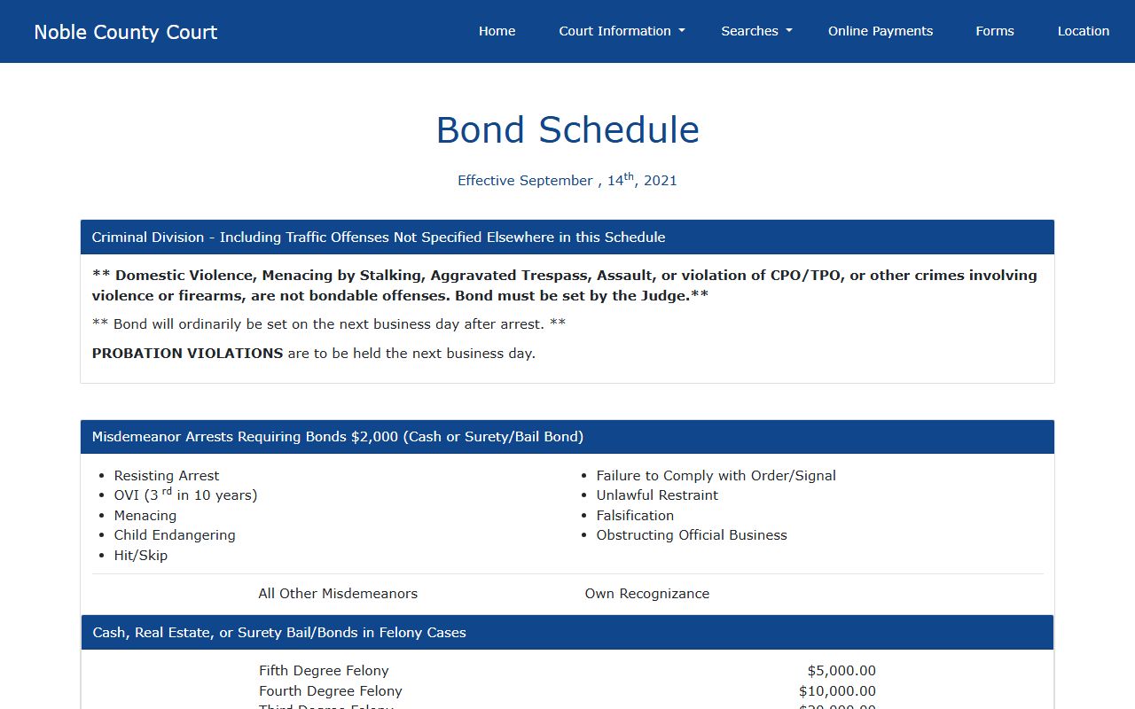 Noble County bond schedule for court records after jail arrest