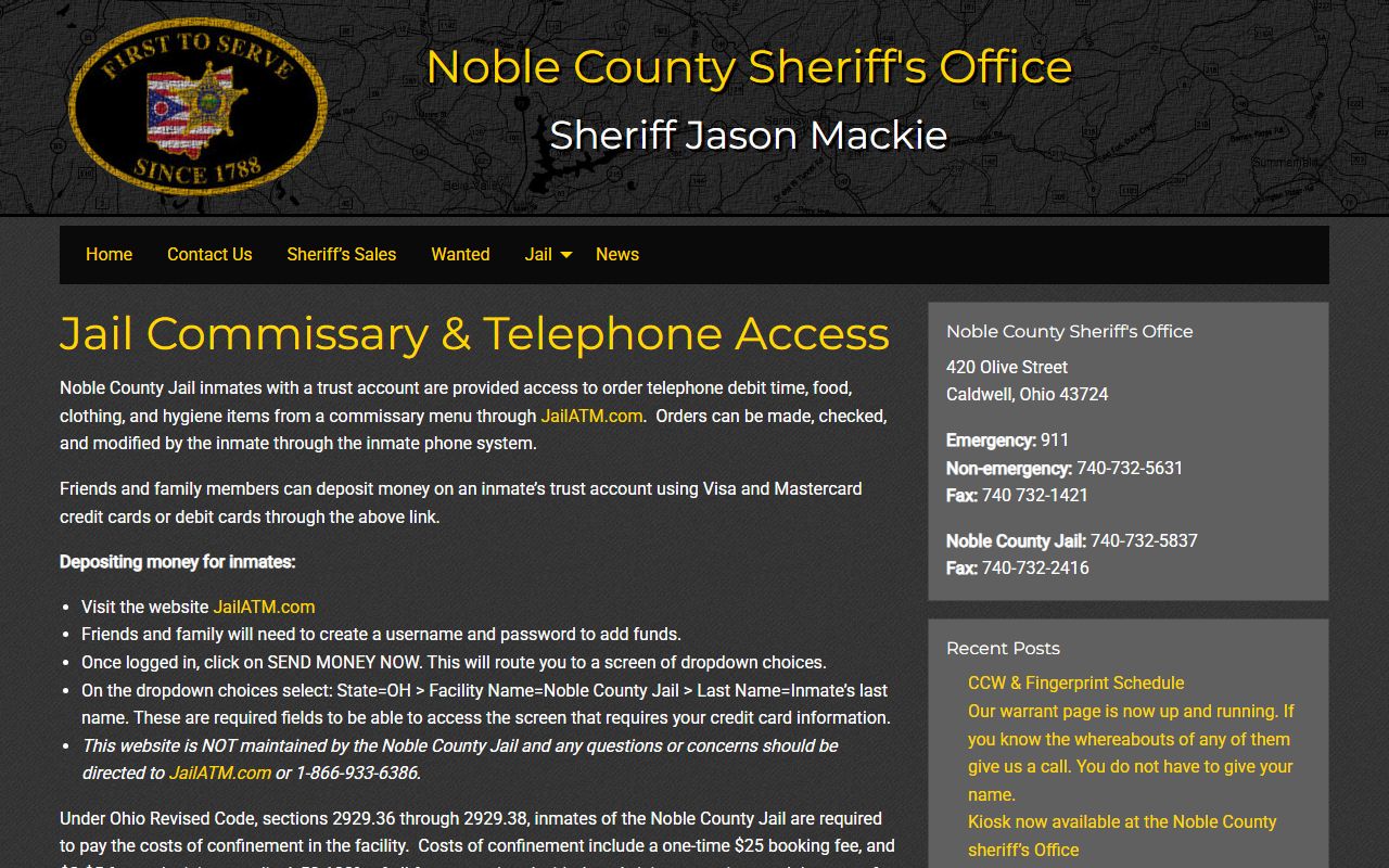 Noble County Jail JailATM CIDNET commissary and phone information