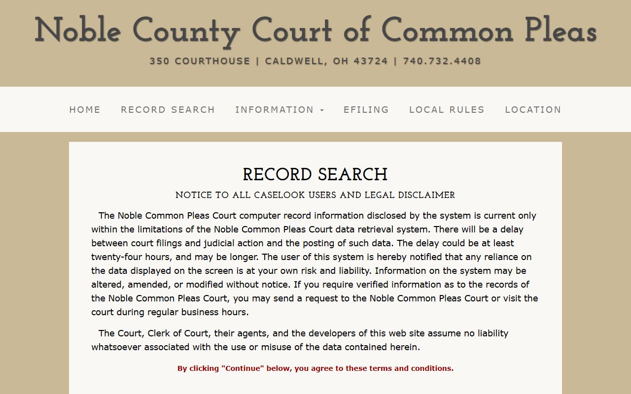 Noble County Common Pleas court records after arrest search disclaimer
