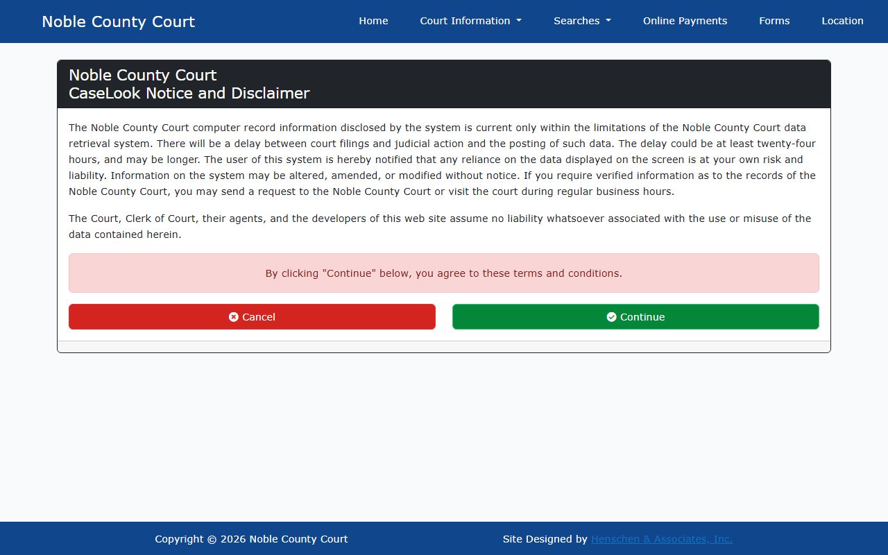 Noble County court records after arrest CaseLook disclaimer and search entry screen