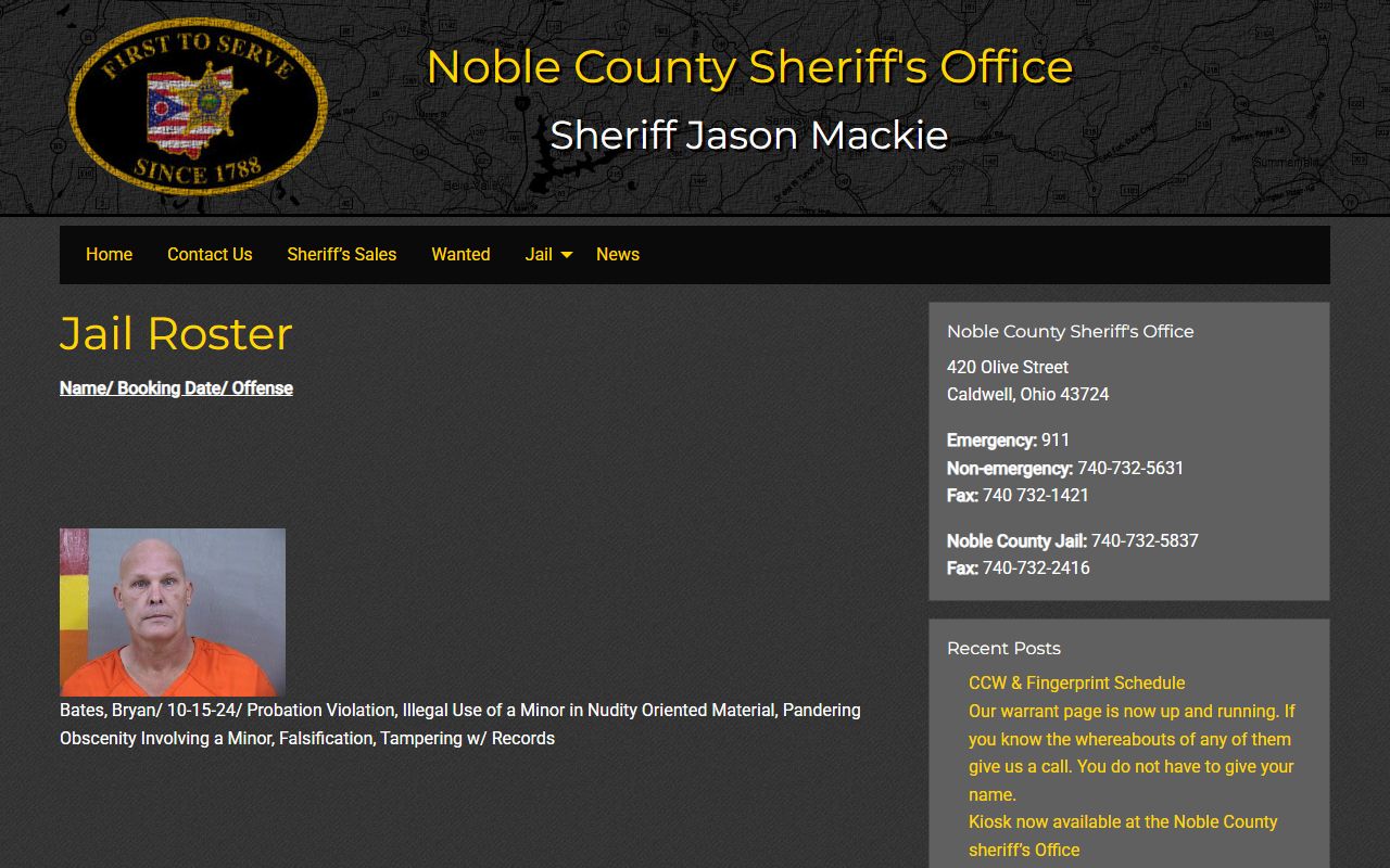Noble County jail roster showing inmate names booking dates charges and mugshot image slots