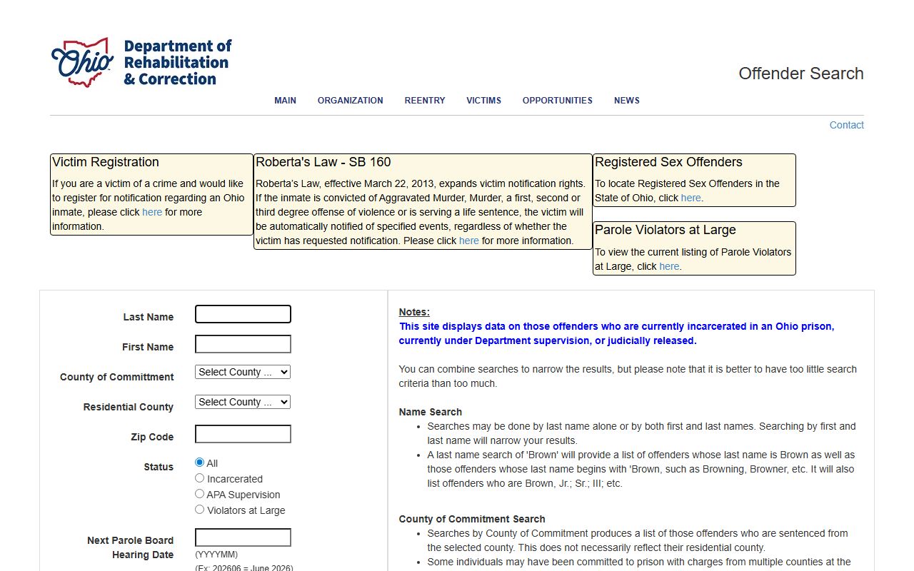 ODRC offender search fields for Noble Correctional Institution inmate lookup